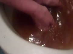 MILF uses her hands to get the poop in the toilet bowl